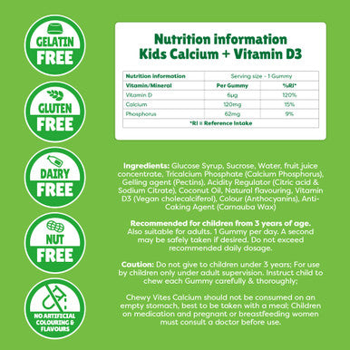 Chewy Vites Kids Calcium and Vitamin D3 60 Kids Calcium Gummies Help Support Healthy Bones and Teeth 2 Months Supply Real Fruit Juice Vegan Age 3 + Strawberry Flavour