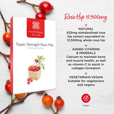 Healthspan Rose Hip 12,500mg | 90 Tablets | Muscle, Bone, Joint & Immune Health | Added Vitamin C & Calcium | Fatty Acids | Carotenoids | Polyphenols | Flavonoids | Rosa Canina | Vegan
