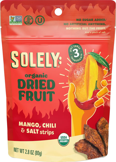 SOLELY Organic Dried Mango Strips with Chili and Salt (2.8 oz Resealable Bags Pack of 8) Real Fresh Fruit Healthy Snacks for Adults & Kids Non GMO Vegan Snacks Shelf Stable 8 Bags (22.4 oz)