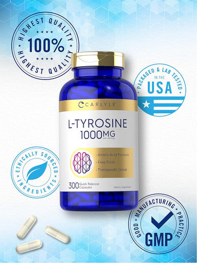 Carlyle L Tyrosine Capsules 1000mg | 300 Count | Therapeutic Grade | for Men and Women | Non-GMO & Gluten Supplement