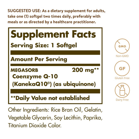 Solgar Megasorb Coq-10 200 Mg 60 Softgels - Supports Heart & Brain Function - Coenzyme Q10 Supplement - Enhanced Absorption - Gluten Free Dairy Free 60 Servings