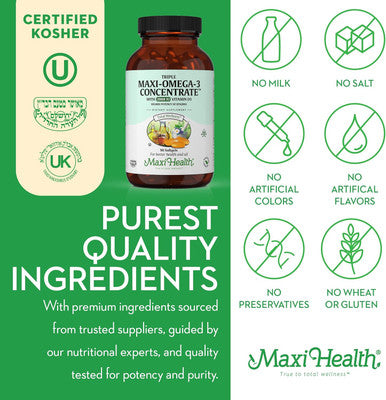 Maxi Health Omega 3 Supplement - Omega-3 Fish Oil Triple Concentrate w/ Vitamin D3 - Potent Source of EPA / DHA Fatty Acids - Heart Brain Joint Health - Kosher Wild Caught Marine Fish - 90 Softgels