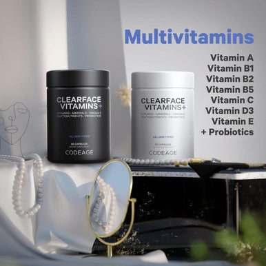Codeage Clearface Pantothenic Acid Niacin Supplement Vitamins A C D3 E Probiotics Zinc Riboflavin Thiamin L-Lysine HCL & Omega-3 Niacinamide Skin Botanical Blend - Non-GMO - 90 Capsules