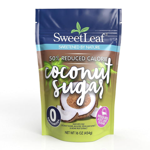 SweetLeaf 50% Reduced Calorie Coconut Sugar with Allulose, Stevia and Monk Fruit Extract - All Purpose Natural Sweetener, Non GMO, Vegan, Gluten Free, Only 8 Calories Per Serving - 16 Oz (Pack of 2)