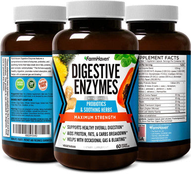 FarmHaven Digestive Enzymes with 18 Probiotics Herbs Papaya Bromelain Protease More for Lactose Absorption Better Digestion Helps Bloating Gas Constipation Vegetarian 60 Capsules