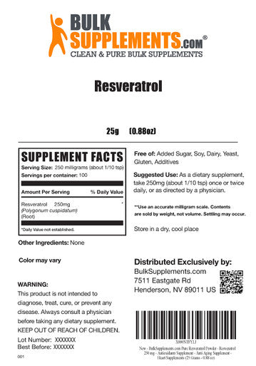 BulkSupplements Resveratrol Powder - Antioxidants Supplement, Sourced from Polygonum cuspidatum Root - - 250mg , 100 Servings (25 Grams - 0.88 oz)