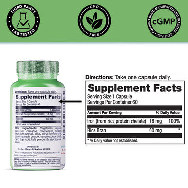 Yuve Whole Food Chelated Iron 18 Mg Supplement - Formulated For Maximum Absorbption - Supports Healthy Heart & Blood Cells - Boosts Energy & Cognitive Functions - Vegan, Non-Gmo, Gluten-Free - 60 Caps