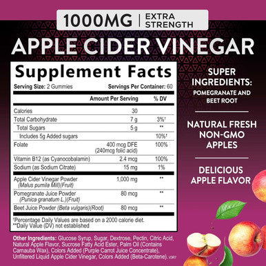 Nature'S Nutrition Apple Vinegar Gummy 1000mg Vegan Apple Cider Vinegar Gummies for Detox & Cleanse ACV Supplement with Vitamin B12 Beetroot & Pomegranate Non-GMO - 120 Gummies