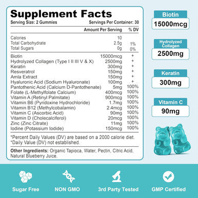 15000 Mcg Biotin With Collagen Gummies, Hair Skin And Nails Gummies, Vitamin C Zinc For Women Men Muscle Joint & Immunity - Blueberry Flavor, 2 Pack 120 Ct