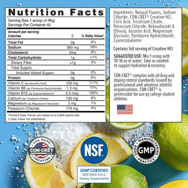 CON-CRET Creatine HCl + Hydration | Electrolyte Powder Tub | Lemon Lime | Sugar Free Electrolytes | Rehydration Formula w Potassium Sodium Zinc Magnesium to Hydrate & Recover (40 serv)