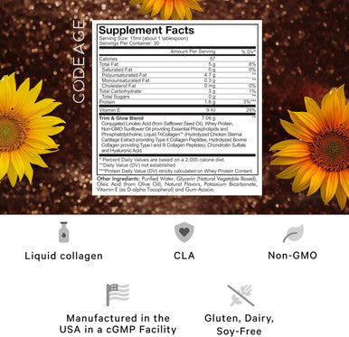 Codeage Liquid Collagen Supplement Chocolate Flavor Beauty Trim & Glow Liposomal Collagen Peptides CLA Conjugated Linoleic Acid Hyaluronic Acid Vitamin E Hydrolyzed Non-GMO 15.22 fl oz
