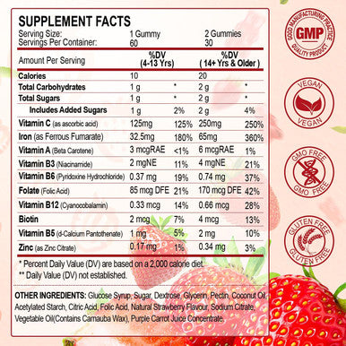 Iron Supplement For Women, Vegan Iron Gummies Gummy 65Mg And 250Mg Vitamin C With Vitamin A, B-Complex, Zinc & Folate For Iron Deficiency, Anemia, Energy Boost, Promote Sleep, Non-Gmo