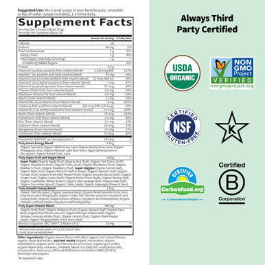 Garden of Life Sport Nutrition Greens And Superfoods Powder For Women And Men - Unflavored Organic Blend - Spirulina Fruit Vitamins Pre & Probiotics Mushrooms Athletic Supplements 30 Servings