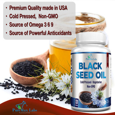 YUMMYVITE Cold Pressed Black Seed Oil - 120 Capsules, Premium Nigella Sativa Pure Black Cumin Seed Oil With Vitamin E, For Hair, Skin & Immune Health - Non-Gmo 120 Capsules