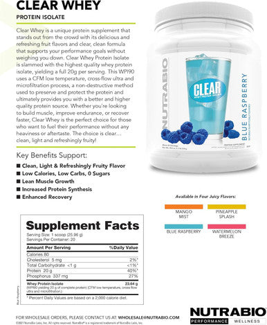 Nutrabio Clear Whey Protein Isolate Powder Maximize Muscle Growth Fast Acting Formula Rapid Absorption 20 Servings - Blue Raspberry