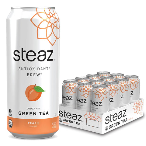 Steaz Organic Green Tea Zero Calorie Raspberry (12 Pack) Antioxidant Brew 65mg Natural Caffeine Vitamin C Stevia Sweetened Iced Tea Vegan Fair Trade 12 Cans 16 fl oz (473mL)