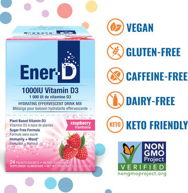 Ener-D Raspberry Multivitamin Drink Powder - Sugar Vitamin D3 - Immune & Energy Support - For Men & Women - Zinc, Vitamin B & C, Electrolytes - Vegan, Non-Gmo Real Fruit Juice - 24 Servings