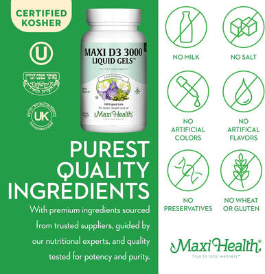 Maxi Health Kosher Vitamin D3 3000 Iu - Pure Vitamin D 3000 Iu For Healthy Bones, Teeth, Immune Support - High Absorption Vit D3 (180 Liquid Gels)
