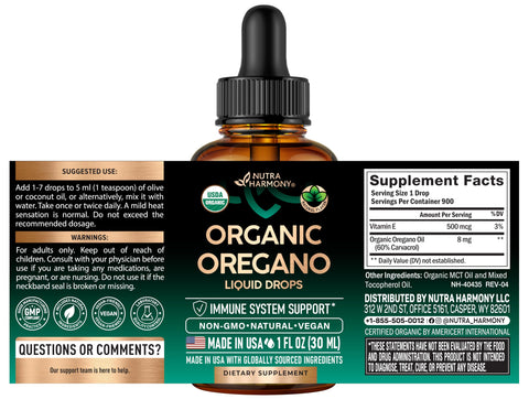 Nutraharmony Usda Organic Oil Of Oregano - Liquid Drops With Vitamin E - Made In Usa - Supplement For Immune Support Digestion Health & Antioxidant - Non-Gmo Natural Vegan - As Pills Capsules Softgels 1 Fl Oz