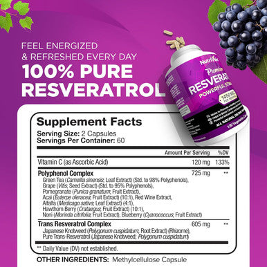 Nutrivein Resveratrol 1450Mg - Antioxidant Supplement 120 Capsules Supports Healthy Aging & Promotes Immune, Brain Boost & Joint Support - Made With Trans-Resveratrol, Green Tea Leaf, Acai Berry