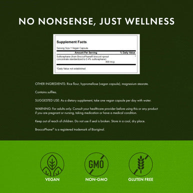 Swanson Sulforaphane - Broccoli Sprout Extract Supporting Cellular, GI Tract, and Liver Health - Natural Supplement Standardized to 0.4% Sulforaphane - (60 Veggie Capsules, 400mcg Each)