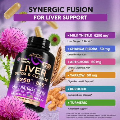 NUTRAHARMONY Liver Cleanse Detox & Repair | Renew & Support Supplement - 19 In 1 W/ Milk Thistle 6250 Mg | Dandelion | Artichoke Extract | Beet Root | Chanca Piedra - 80% Silymarin - Made In Usa, Vegan 60 Capsules
