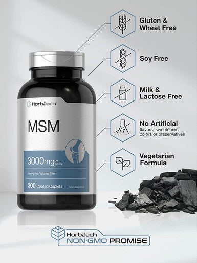MSM Supplement | 3000mg | 300 Coated Caplets | Methylsulfonylmethane with Calcium | Vegetarian, Non-GMO, Gluten Free | by Horbaach