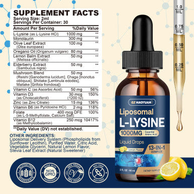 Gz Haoyuan Liposomal L-Lysine 1000Mg Liquid Drops 13-In-1 Lysine Monolaurin Supplements Olive Leaf Extract With Vitamin C B6 D3 B12 & Zinc For Collagen Lip Skin & Immune Support For Kids & Adults 2Oz