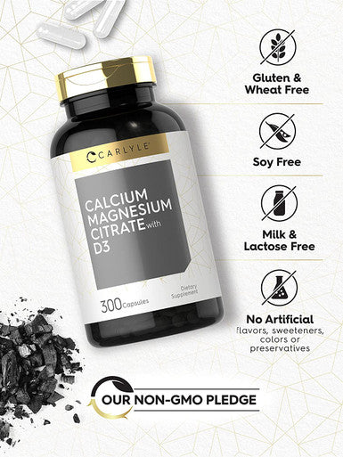 Calcium Magnesium Citrate with Vitamin D3 | 300 Capsules | Non-GMO & Gluten Free Supplement | by Carlyle