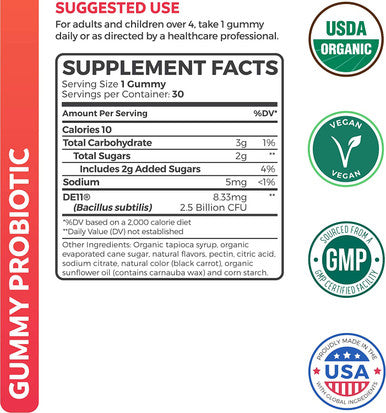 USDA Organic Probiotics for Kids NonGMO Strawberry Flavor Kids Probiotic Gummies for Digestion Immune Support 2.5 Billion CFU of DE111 Spore Forming Strain for Maximum Survivability 30 Gummys