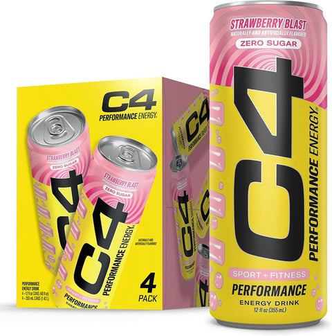 Cellucor C4 Performance Energy Drink | Strawberry Blast | Zero Sugar Carbonated Preworkout Energy | 200mg Caffeine with Beta Alanine | 16 Fl Oz (12 Pack)