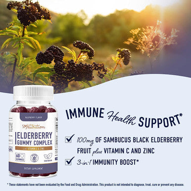 Elderberry Gummies (60 Count) - Black Sambucus Elderberry Gummies for Immune System Support - With Zinc, Vitamin C Added - Raspberry Flavored - Vegetarian, Gluten-Free