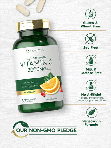 Carlyle Vitamin C 2000mg with Rose Hips 300 Caplets Vegetarian Non GMO Gluten Free Supplement