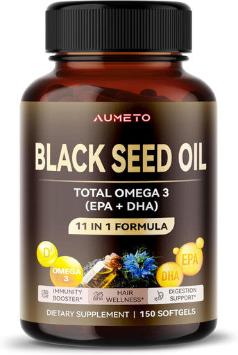 Aumeto Organic Black Seed Oil - 150 Softgel - 100% Cold Pressed Source of Omega 3 (EPA + DPA) - Skin Hair Immune Support (150 Count (Pack of 1))