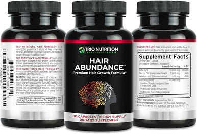 Trio Nutrition Hair Abundance Natural Vitamin Supplement For Hair Growth, Strong Nails And Smooth Skin Boosted With Collagen, Keratin, Zinc & Selenium Biotin 10000Mcg 30 Day Supply