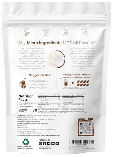 Micro Ingredients Organic MCT Oil Powder with Prebiotic Fiber1 Pound(16 Ounce) Fast Fuel for Body and Brain C8 MCT Oil for Coffee Creamer No GMOs Keto Diet Vegan