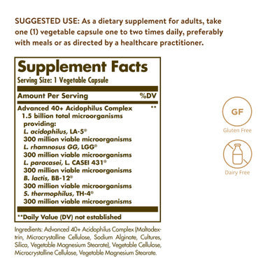 Solgar Advanced 40+ Acidophilus 120 Vegetable Capsules - Supports Healthy Intestinal Flora - 1.5 Billion Microorganisms Per Serving - Gluten Dairy Lactose & Milk Free - Vegetarian - 120 Servings