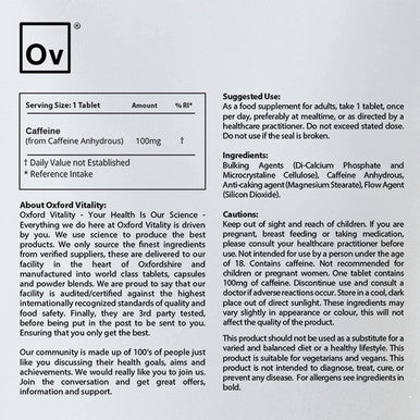 Caffeine 100mg Tablets | Supplements for Weight Loss and Pre-Workout Energy | Oxford Vitality (365)