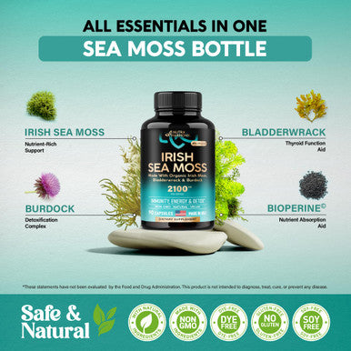 NUTRAHARMONY Irish Sea Moss Capsules - Made With Organic Sea Moss, Bladderwrack & Burdock Root - Made In Usa - Advanced Superfood - Natural Multi Supplements Blend - Immunity & Energy Support - 90 Vegan Capsules