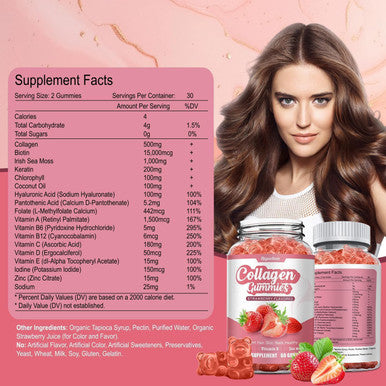 Collagen Gummies With Vitamin C, Zinc And Biotin,Hydrolyzed Collagen Peptides Supplement For Hair, Skin, Nails & Wrinkles, 60 Gummies