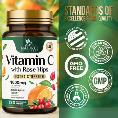 Nature'S Nutrition Chewable Vitamin C 1000 mg - Extra Strength Antioxidants for Powerful Immune Support with Vitamin C & Rose Hips - Potent Dietary Vitamin Supplement - Natural Vegan Gluten- Non-GMO - 120 Tablets