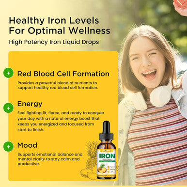 Liquid Iron Supplement For Women Men & Kids Multivitamin Iron Drops With Folate, Vitamin C, B6, B12, Zinc For Anemia, Iron Deficiency, Blood Builder, Energy - Natural Pineapple Flavor, Vegan 2 Fl Oz