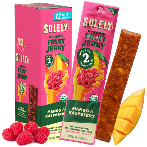 Solely - Organic Mango Fruit Jerky - 12 Individually Wrapped Fruit Strips - Fruit Leather Made from Dried Fruits - Healthy Snacks, Vegan - 0.8oz (23g)