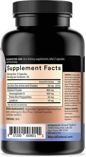 Mend Defend GutWell 60 Capsules Colostrum Zinc Immunity and Gut Health Adult Supplement