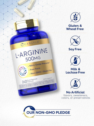 Carlyle L-Arginine 500mg Capsules | 240 Count | Form | Non-GMO & Gluten Supplement