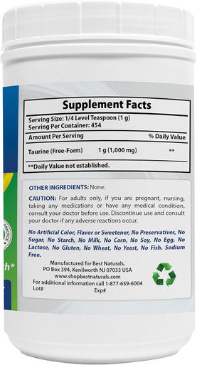 Best Naturals 100% Pure Taurine Powder Form - Taurine 1000mg per Serving - 1 Lb (454 gm) (1 LB (Pack of 1))