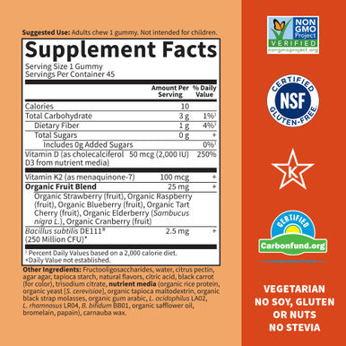 Garden of Life Vitamin D3+K2 Gummies With Prebiotics&Probiotics For Digestion 2000 Iu Vitamin D3+100Mcg K2 For Bone&Immune Health For Adults Vitamin Code Non-Gmo Gluten-Free 45 Raspberry Lemon Gummies