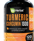 BE HERBAL Organic Turmeric Curcumin 1500mg with Black Pepper & Ginger - The Most Potent Certified Organic Turmeric Curcumin Supplement with 95% Curcuminoids - 120 Veg Capsules (120)
