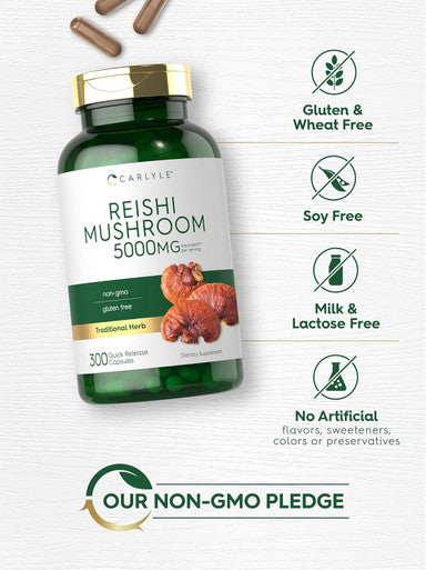 Carlyle Reishi Mushroom Supplement 5000mg | 300 Capsules | Non-GMO Gluten Reishi Mushroom Extract