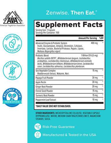 Zenwise Digestive Enzymes Probiotics and Prebiotics Digestion and Bloating Relief for Women and Men Lactose Absorption with Amylase Bromelain 100 Count